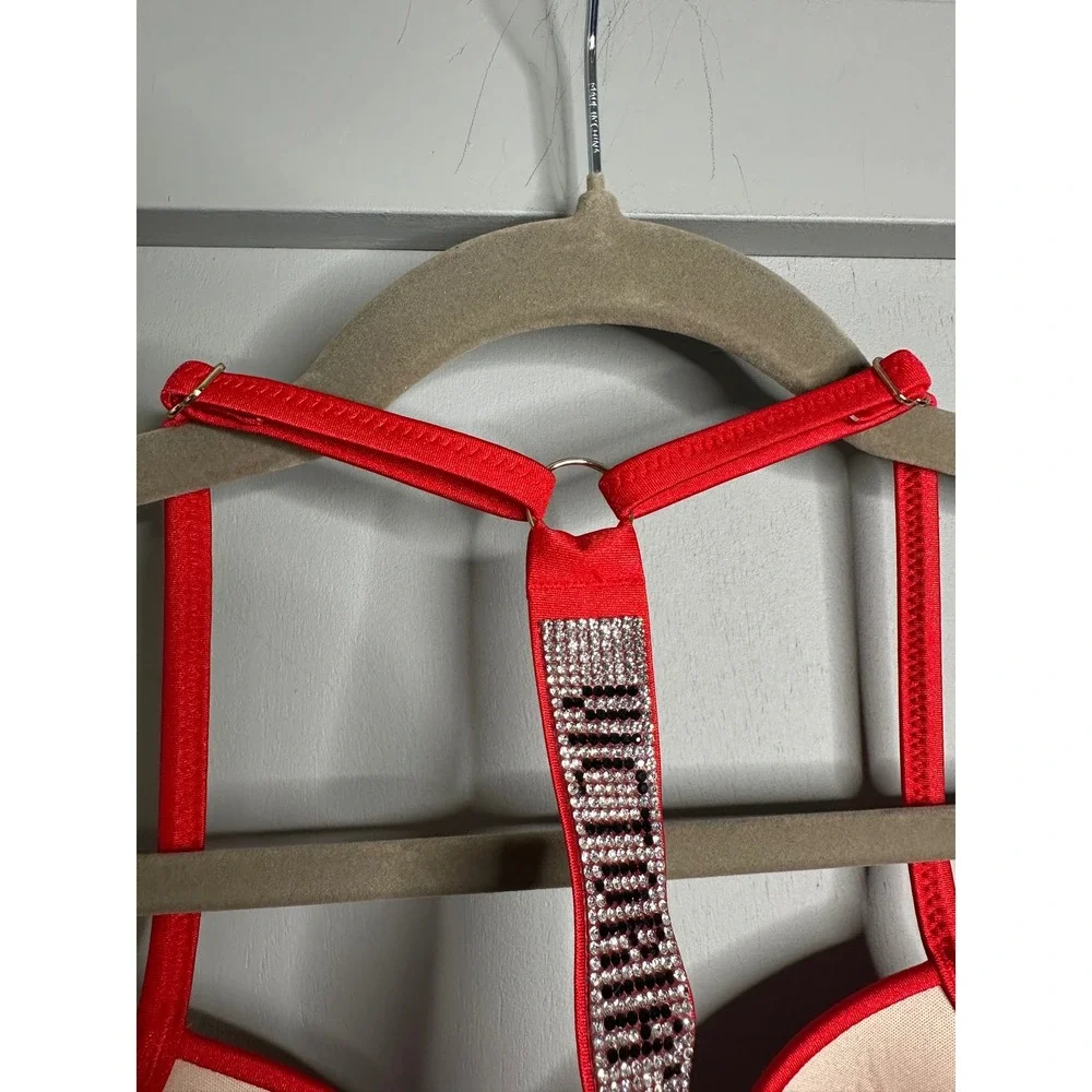 Victoria's Secret Red Rhinestone Strap Push Up‎ Bra Bikini Swim Top 36B